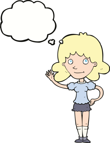 Bir insan tarafından çizilmiş düşünce baloncuğuyla el sallayan çizgi film kadını.