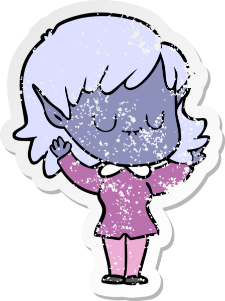 Bir insan tarafından çizilmiş mutlu bir elf kızının sıkıntılı çıkartması.