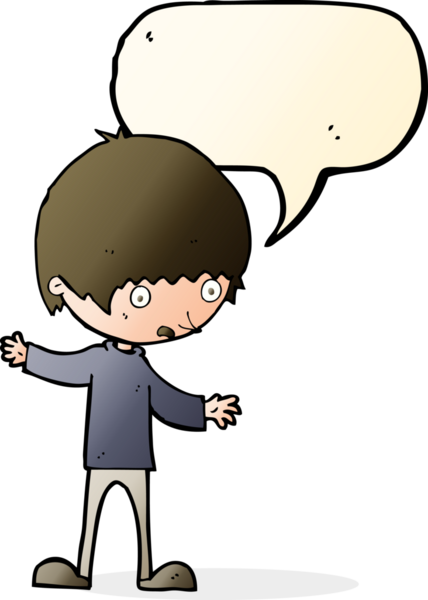 Bir insan tarafından çizilmiş konuşma baloncuğuyla kollarını açmış çizgi film çocuğu.