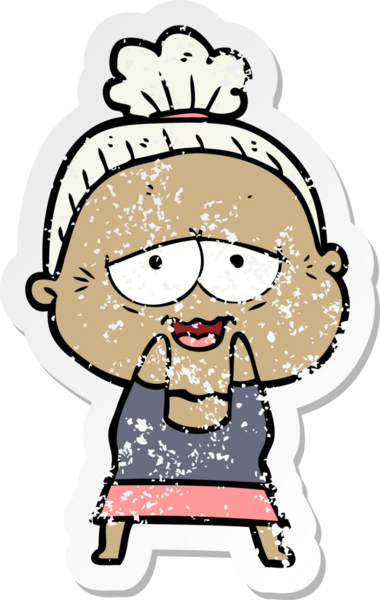 Bir insan tarafından çizilmiş mutlu, yaşlı bir kadının sıkıntılı çıkartması.