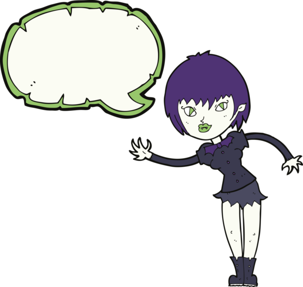 Bir insan tarafından çizilmiş konuşma balonuyla karşılayan vampir kız.