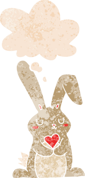 Düşünce baloncuğuna aşık çizgi film tavşanı bir insan tarafından çizilmiş dertli retro tarzı