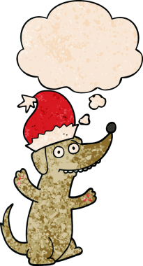 Bir insan tarafından çizilmiş grunge desenli düşünce baloncuğu olan şirin noel çizgi köpeği.