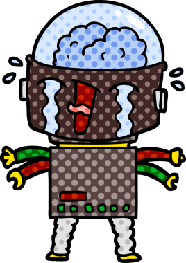 Bir insan tarafından çizilmiş ağlayan robot çizgi film.