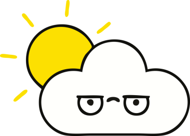 Bir insan tarafından çizilmiş şirin bir güneş ve bulut karikatürü.