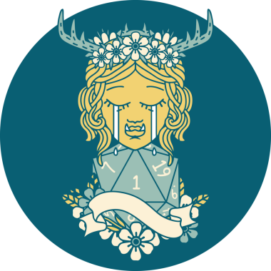 Retro Dövme Tarzı Ağlayan Ork barbar karakter yüzü ve bir insan tarafından çizilmiş doğal bir D20 rulo