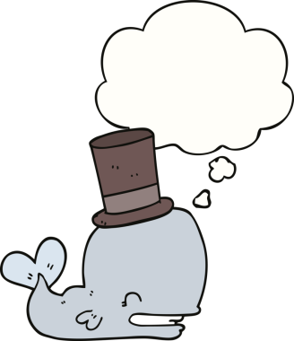 Düşünce baloncuğu çizilmiş silindir şapkalı balina bir insan tarafından çizilmiş.