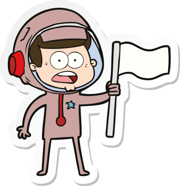 Bir insan tarafından çizilen bir karikatür çıkartması astronotun bayrağını sallamasına şaşırdı.