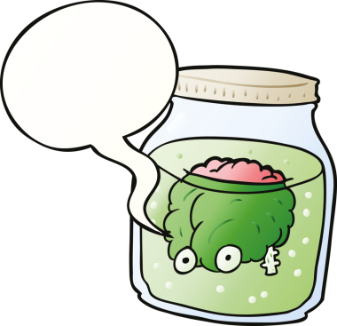 Kavanozda yüzen karikatür, ürkütücü beyin, bir insan tarafından çizilmiş yumuşak bir gradyan tarzla konuşma baloncuğu.