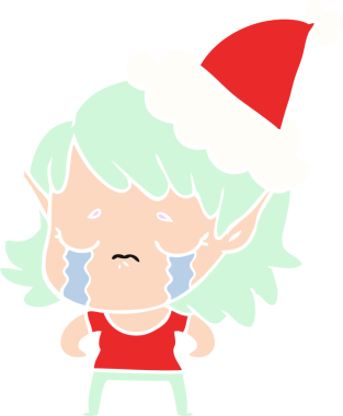 Bir insan tarafından çizilmiş Noel Baba şapkası giymiş ağlayan bir elf kızının el resmi.