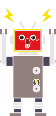 Bir insan tarafından çizilen robot arızasının düz renk retro karikatürü