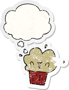 Düşünce baloncuklu çizgi film keki bir insan tarafından çizilmiş yıpranmış bir çıkartma.