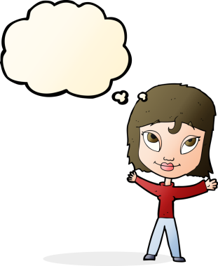 Bir insan tarafından çizilmiş düşünce baloncuğuyla kollarını sallayan mutlu kadın çizgi filmi.