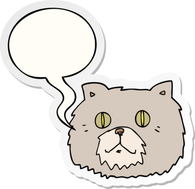 Bir insan tarafından çizilmiş konuşma kabarcığı çıkartmalı çizgi film kedisi yüzü.