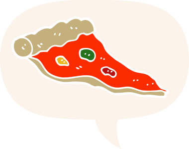 Konuşma baloncuklu çizgi film pizzası bir insan tarafından çizilmiş.