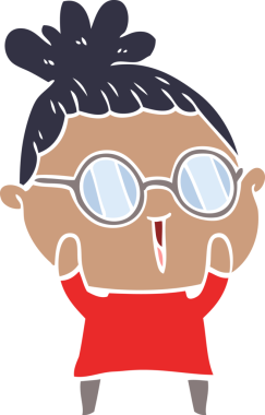 Düz renkli karikatür kadın bir insan tarafından çizilmiş gözlük giyiyor.