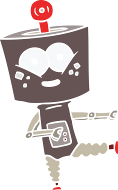 Bir insan tarafından çizilmiş mutlu düz renkli robot çizimi.