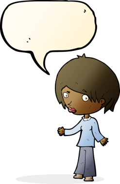 Bir insan tarafından çizilmiş konuşma balonu olan kafası karışık bir kadın çizgi filmi.