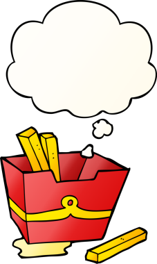 Bir insan tarafından çizilmiş yumuşak eğimli düşünce baloncuklu kızartma kutusu.