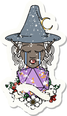 Retro Dövme Tarzı Ağlayan Elf Büyücüsü karakteri yüzü ve bir insan tarafından çizilmiş D20 rulosu