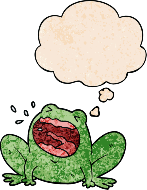 Bir insan tarafından çizilmiş grunge desenli düşünce balonuyla bağıran çizgi film kurbağası.