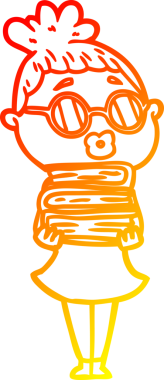 Bir insan tarafından çizilmiş gözlük takan bir kütüphaneci kadının sıcak çizgi çizimi.