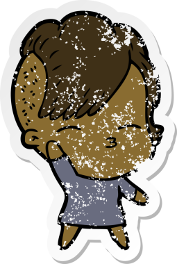 Bir insan tarafından çizilmiş, gözlerini kısan bir çizgi film karakterinin sıkıntılı çıkartması.