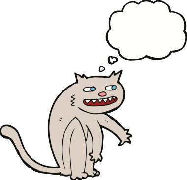 Bir insan tarafından çizilmiş düşünce balonlu mutlu kedi çizgi filmi.