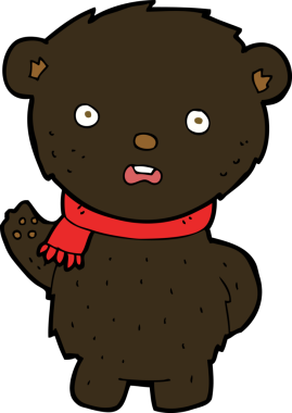 Bir insan tarafından çizilmiş eşarp takan siyah ayı çizgi filmi.