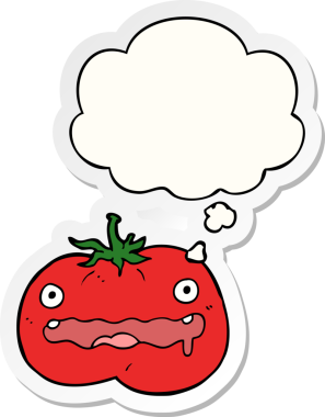 Düşünce baloncuklu çizgi film domatesi insan tarafından çizilmiş bir çıkartma.