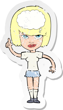 İnsan tarafından çizilmiş bir fikri olan karikatür bir kadının gerilimli retro yapıştırması.