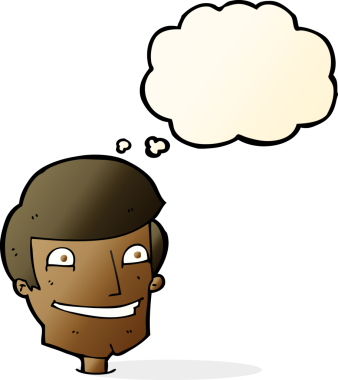 Bir insan tarafından çizilmiş düşünce baloncuğu ile sırıtan çizgi film adamı.