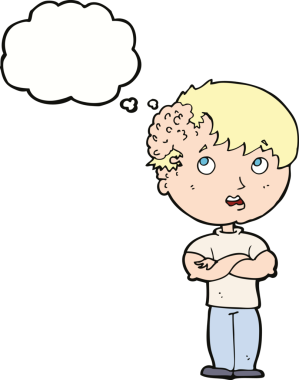 Kafasında bir insan tarafından çizilmiş düşünce balonuyla büyüyen çizgi film çocuğu.