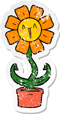 Bir insan tarafından çizilmiş mutlu bir karikatür çiçeğinin sıkıntılı çıkartması.