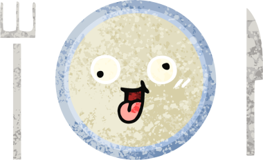 Bir insan tarafından çizilmiş yemek tabağının retro çizim tarzı karikatürü.