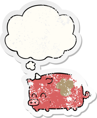 Düşünce baloncuğu olan sevimli çizgi film domuzu bir insan tarafından çizilmiş yıpranmış bir çıkartma.