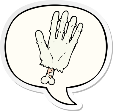 Bir insan tarafından çizilmiş konuşma balonu çıkartmalı zombi eli çizgi filmi.