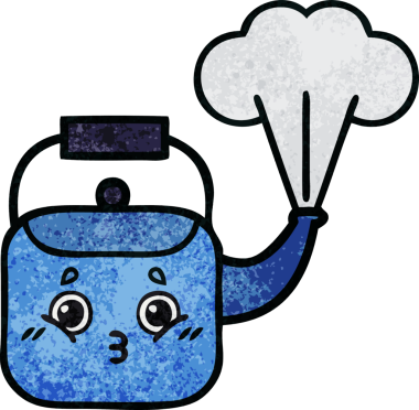 Bir insan tarafından çizilen dumanı tüten bir çaydanlığın retro grunge desenli karikatürü