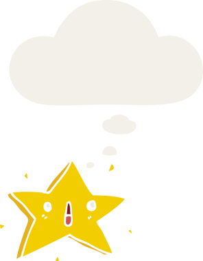 Düşünce baloncuğu olan sevimli çizgi film yıldızı bir insan tarafından çizilmiş.