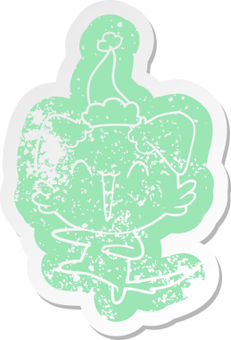 Mutlu dans eden köpek çizgi filmi, insan tarafından çizilmiş Noel Baba şapkası etiketi.