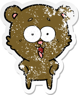 Bir insan tarafından çizilmiş gülen oyuncak ayının sıkıntılı çıkartması.