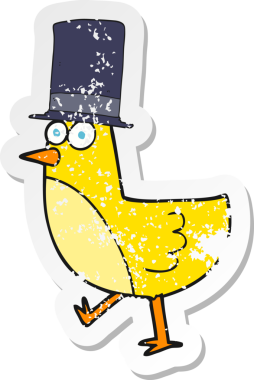 Bir insan tarafından çizilmiş şapka giyen çizgi film kuşunun gerilimli retro çıkartması.