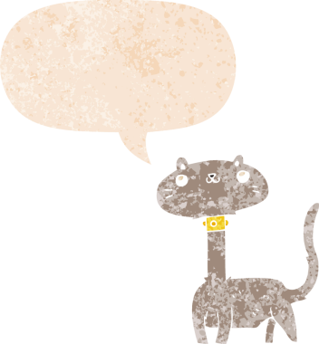 grunge 'da konuşma balonu olan çizgi film kedisi bir insan tarafından çizilmiş dertli retro desenli