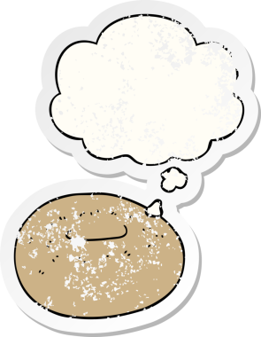 Düşünce baloncuklu çizgi film donutu insan tarafından çizilmiş yıpranmış bir çıkartma gibi.