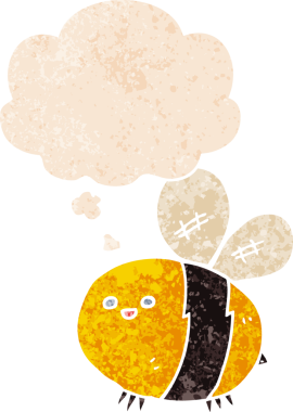 Düşünce baloncuğu olan çizgi film arısı bir insan tarafından çizilmiş dertli retro tarzı