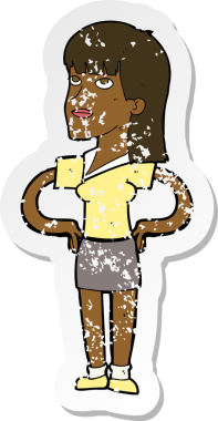 Bir insan tarafından çizilmiş kalçasında elleri olan bir karikatür kadının gerilmiş çıkartması.