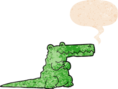 grunge 'da konuşma baloncuğu olan çizgi film timsahı bir insan tarafından çizilmiş dertli retro dokuma tarzı