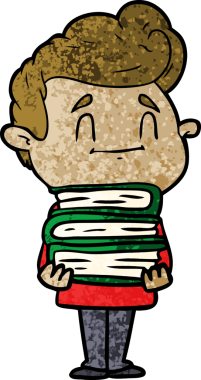 Bir insan tarafından çizilmiş bir yığın yeni kitabı olan mutlu çizgi film adamı.