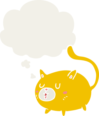 insan tarafından çizilmiş, düşünce baloncuklu mutlu kedi çizgi filmi.