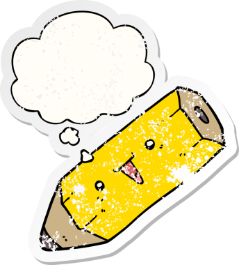 Düşünce baloncuğu olan sevimli çizgi film kalemi bir insan tarafından çizilmiş yıpranmış bir çıkartma gibi.